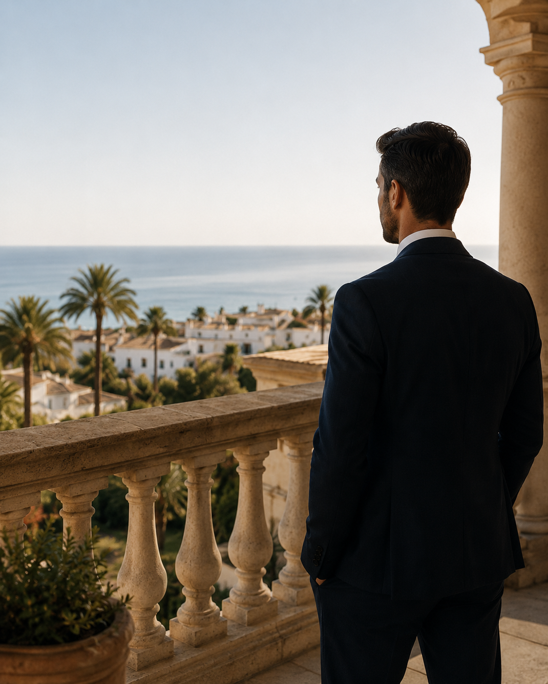 Distinguished professional overlooking a Mediterranean coastal villa