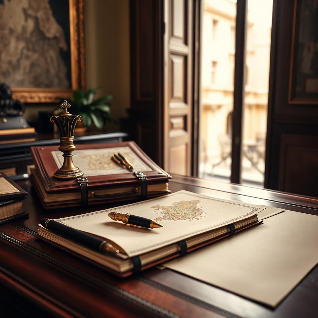 Notary desk with leather portfolio and a map of Spain